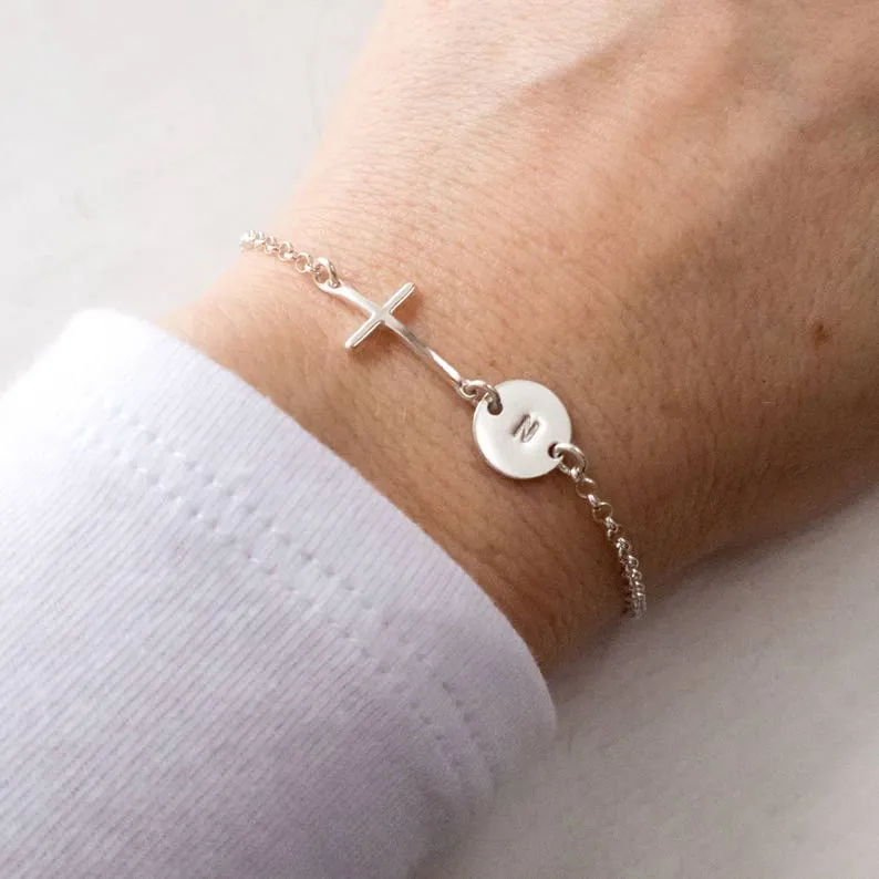 Sideways Cross Bracelet, Personalized with Initial, Sterling Silver