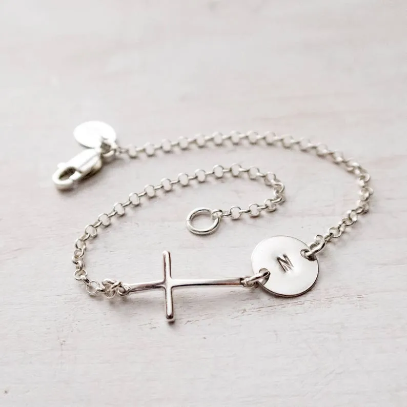 Sideways Cross Bracelet, Personalized with Initial, Sterling Silver