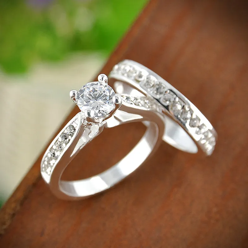 Silver Crystal Engagement Wedding Rings