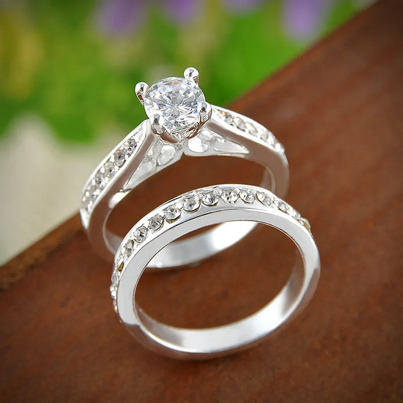 Silver Crystal Engagement Wedding Rings