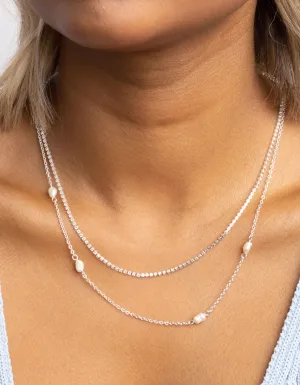 Silver Plated Brass  Pearl Layered Necklace