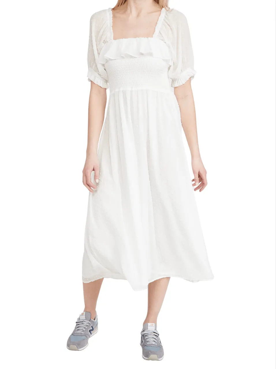 Smocked Midi Stylish Dress in Ivory