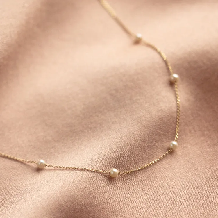 Solid Gold Delicate Pearl Chain Necklace