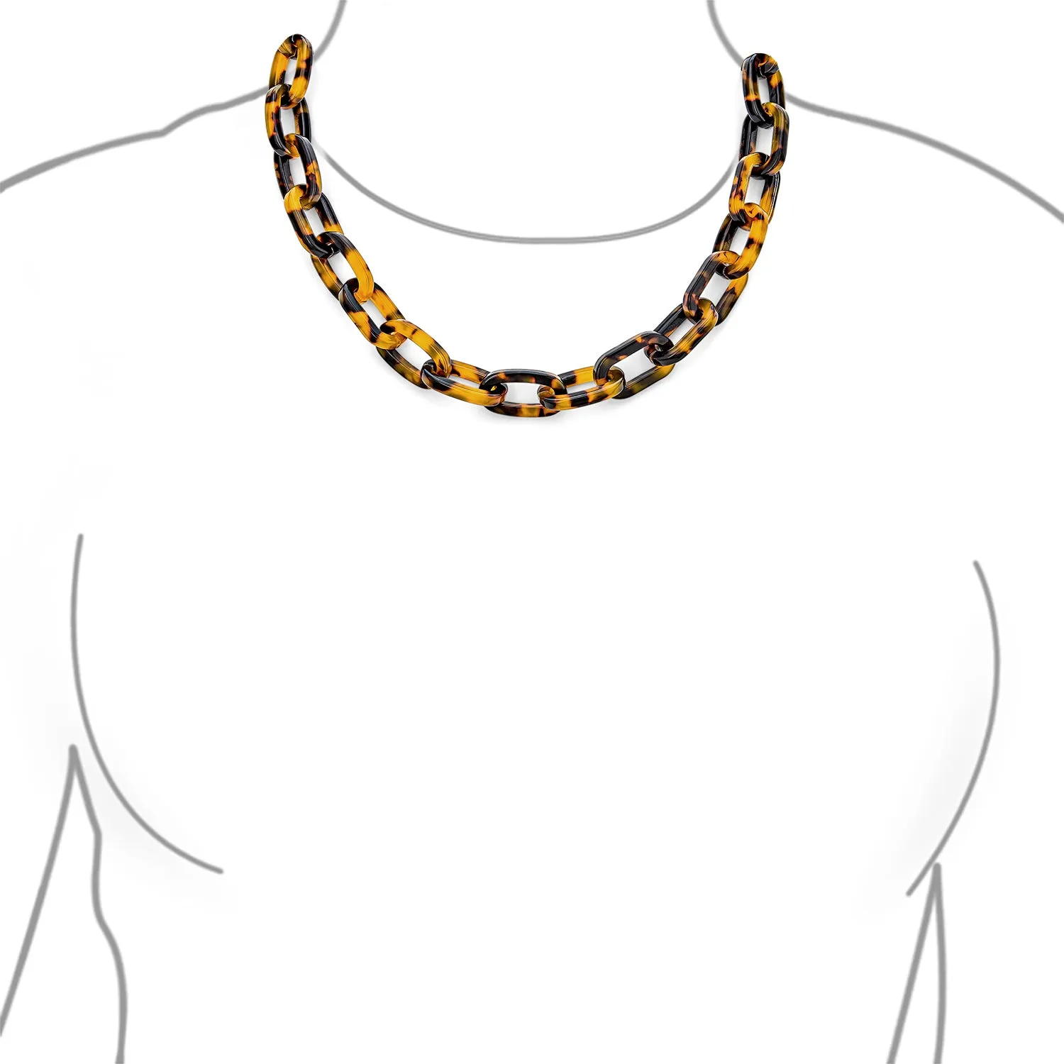 Stylish Golden Brown Oval Chain Link Faux Tortoise Shell Necklace 18 Inch