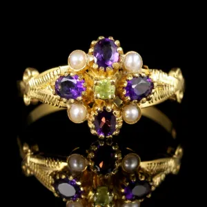 Suffragette Cluster Ring Peridot Amethyst Pearl 18Ct Gold Silver