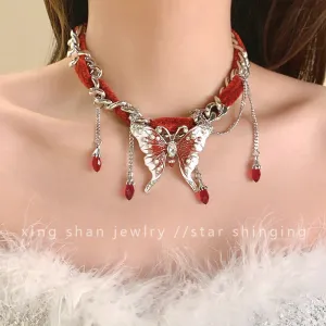 Sweet Red Velvet Butterfly Tassel Gothic Necklace