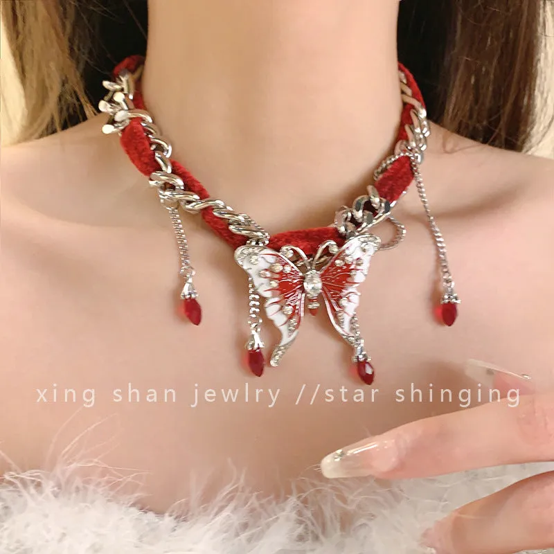 Sweet Red Velvet Butterfly Tassel Gothic Necklace