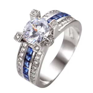 Unique Jewelry Blue Round Zircon Stone Ring White Gold Filled Wedding Engagement Rings For Women