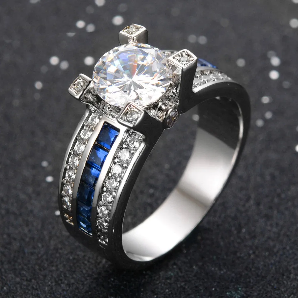 Unique Jewelry Blue Round Zircon Stone Ring White Gold Filled Wedding Engagement Rings For Women