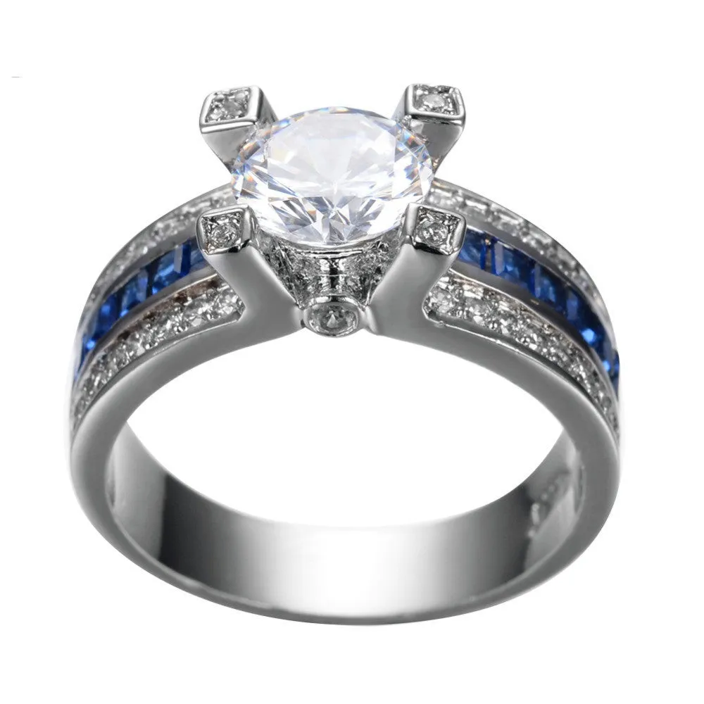 Unique Jewelry Blue Round Zircon Stone Ring White Gold Filled Wedding Engagement Rings For Women