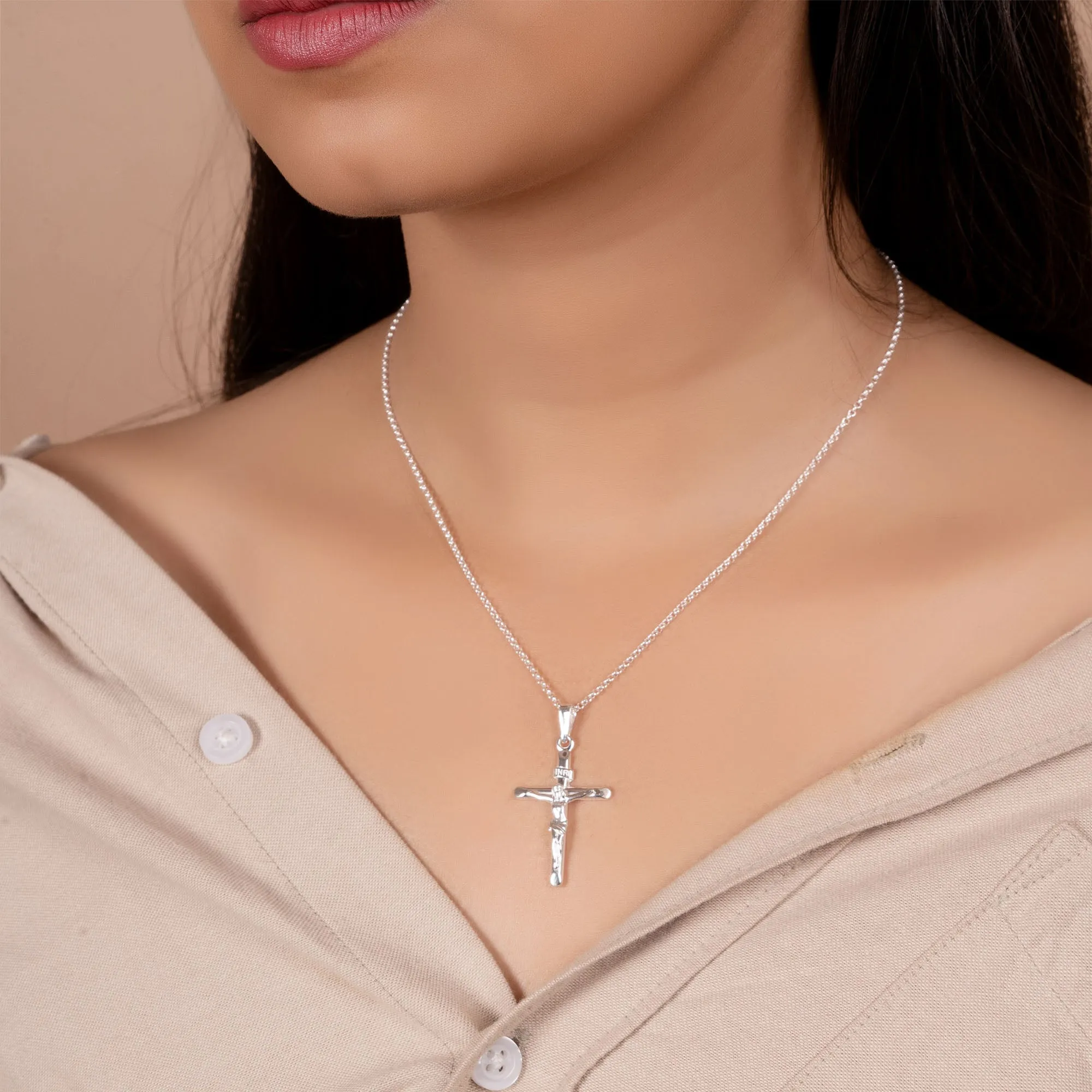 Unisex Sterling Silver INRI Jesus Crucifix Pendant Necklace with 18 Inch Chain