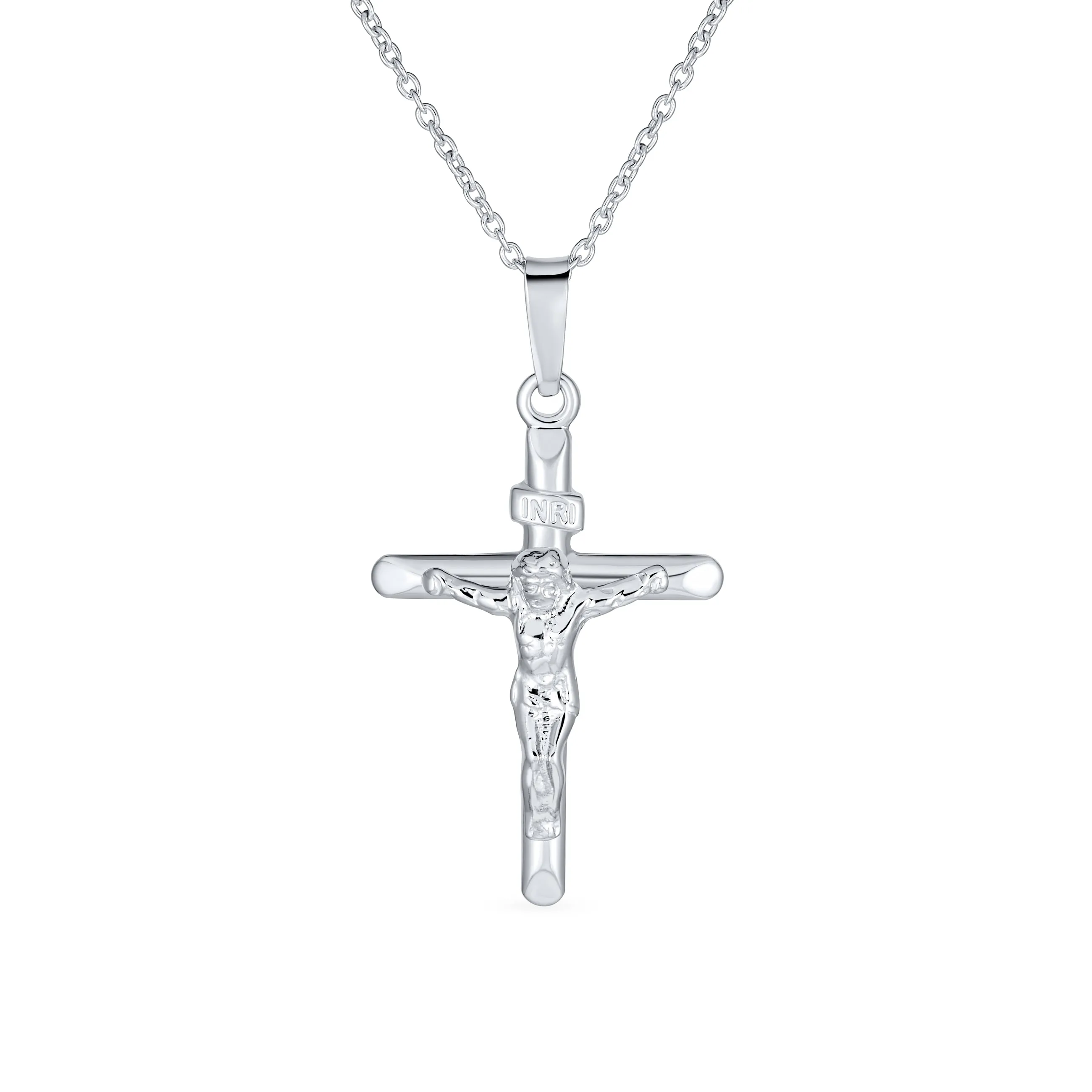 Unisex Sterling Silver INRI Jesus Crucifix Pendant Necklace with 18 Inch Chain