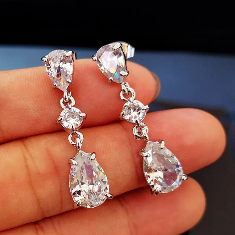 Wedding Jewelry Luxury Water Drop Dangle Earrings for Bride with Zircon in Silver Color