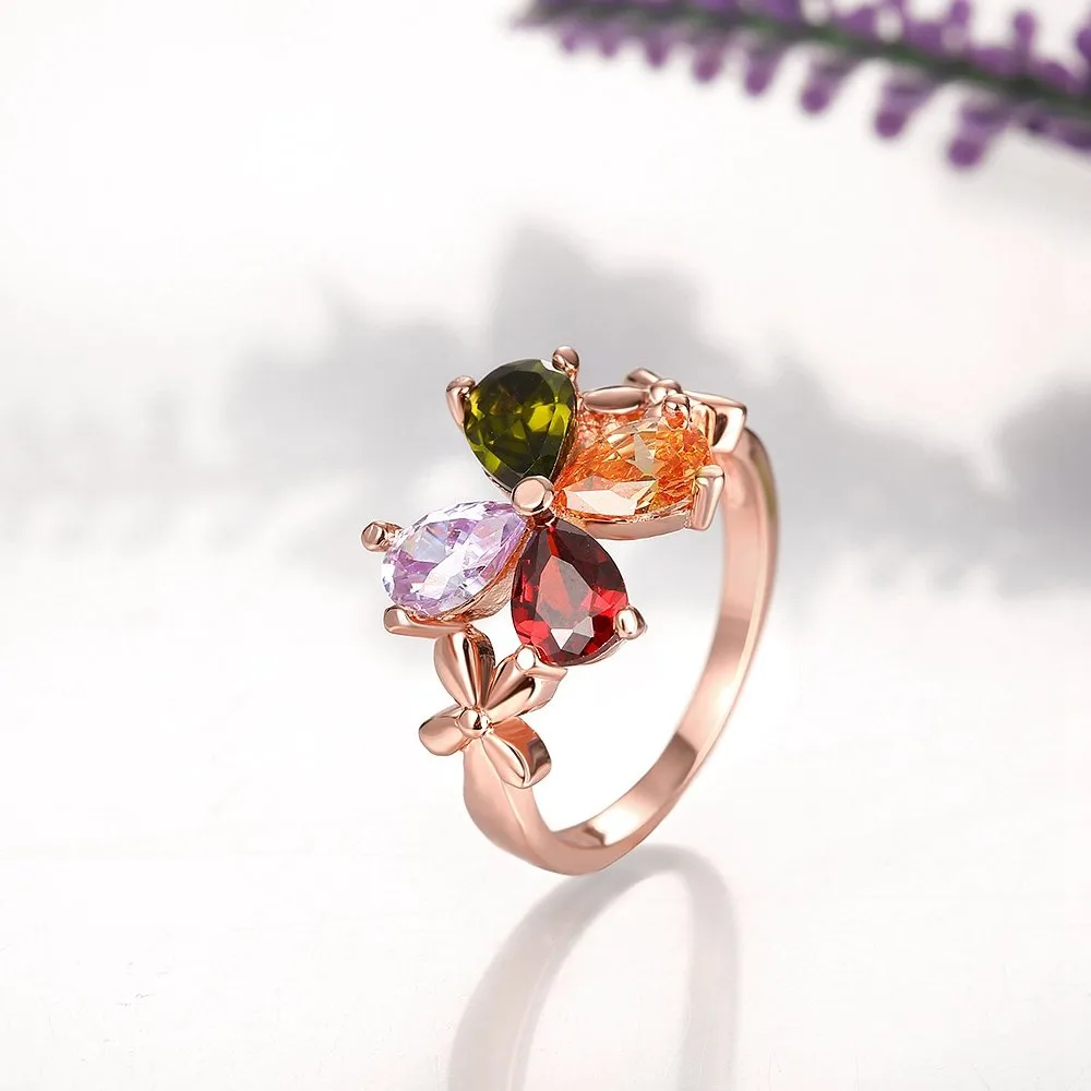 Yellow Chimes Rings for Women Multicolor Floral Adjustable Ring Sparkling Love Swiss Zircon Rose Gold Plated Rings for Women and Girls.